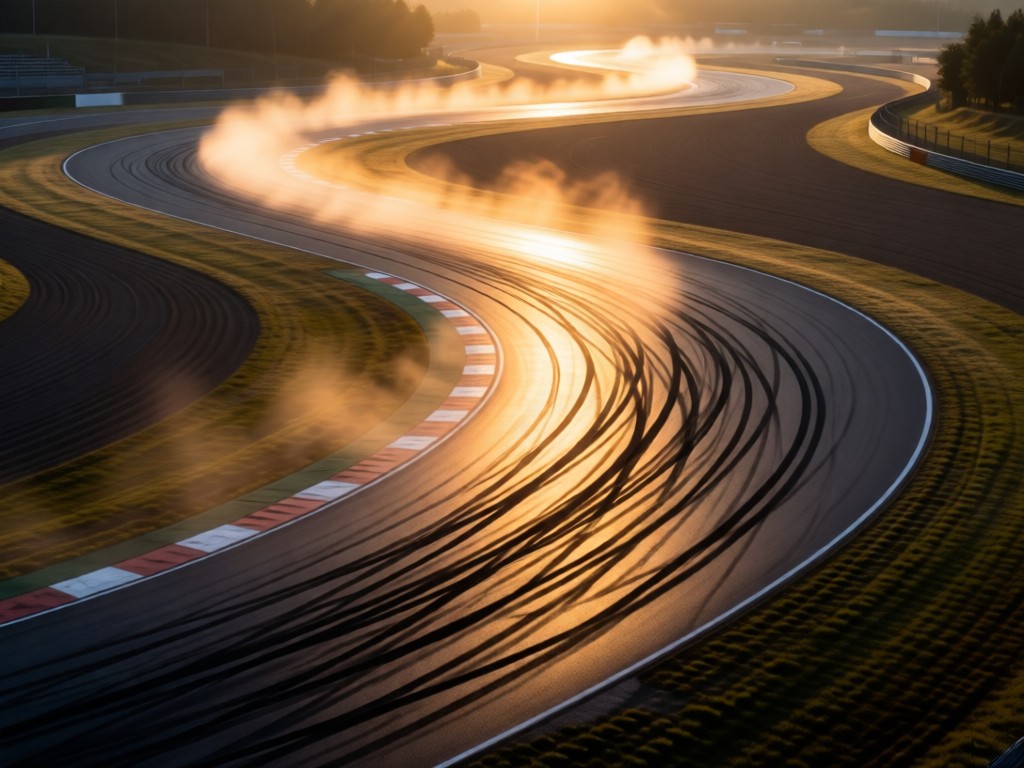 Aerial view of tire marks on a racetrack at dawn. Mist rises between curves as sunlight hits the asphalt. Dynamic yet serene composition. No people.