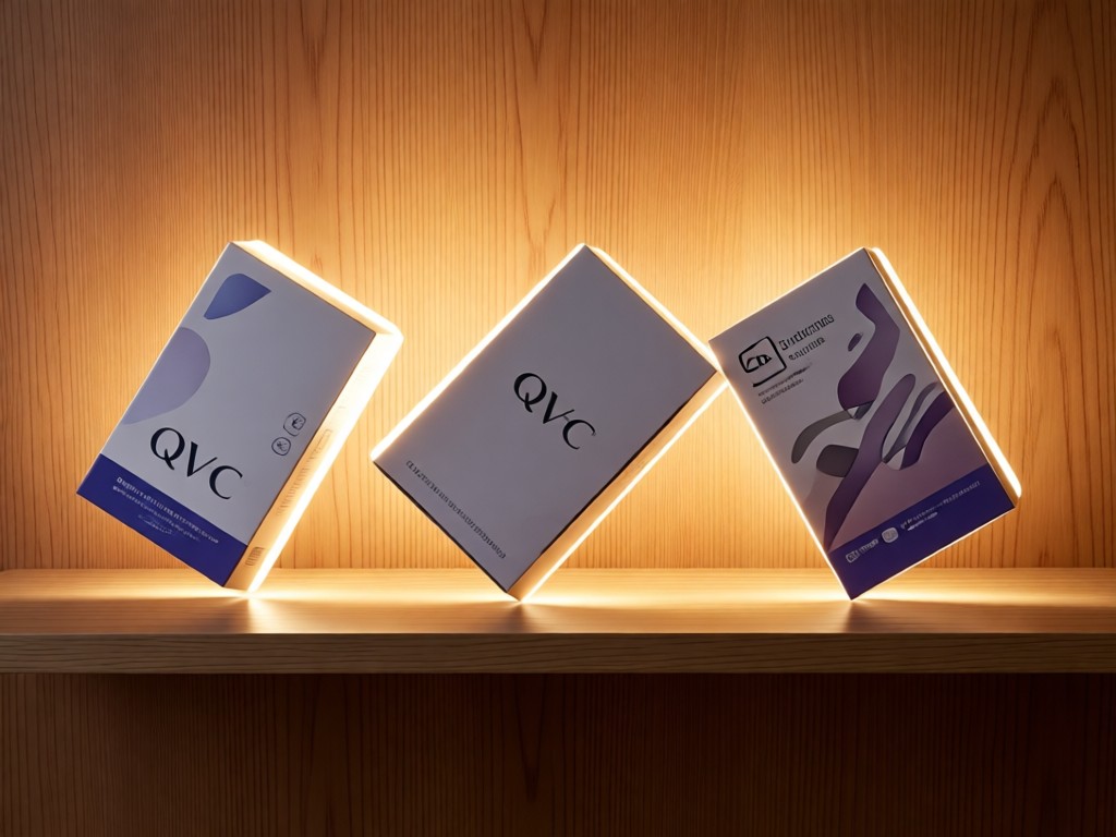 A minimalist shelf displaying three QVC product boxes at artistic angles. Soft backlight creates glowing edges against a warm wooden backdrop. No people.