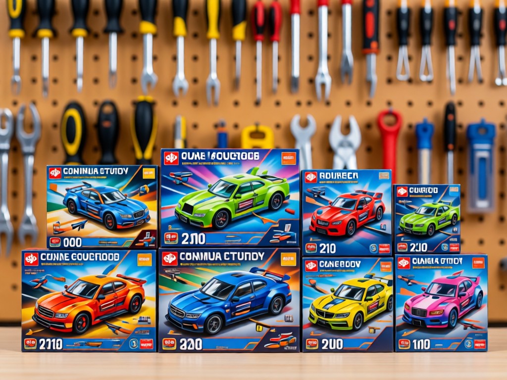 A curated collection of model kit boxes arranged by scale. Soft focus background shows hobby tools hanging on a pegboard. Balanced composition with vibrant box art colors. No people.