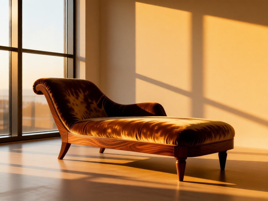 An elegant chaise lounge bathed in golden hour light near a floor-to-ceiling window. Soft shadows highlight textures of velvet and walnut. Clean negative space around the subject. No people.