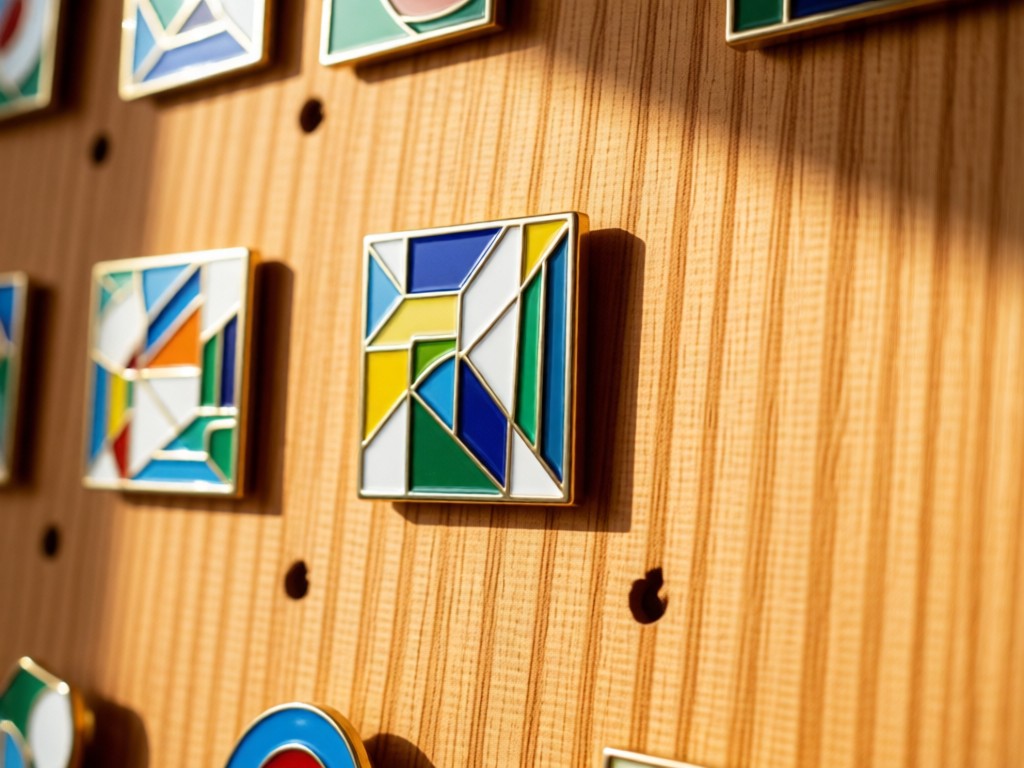 Close-up of enamel pins displayed on a corkboard with geometric precision. Sunlight catches metallic edges against warm wood grain. Minimalist composition with breathing space. No people.
