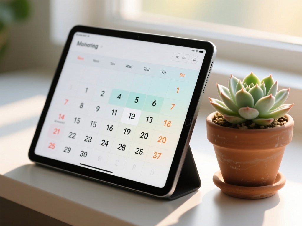 A sleek tablet displaying a simple calendar interface beside a potted succulent. Morning light creates soft gradients on the screen. Clean digital-meets-natural aesthetic. No people.