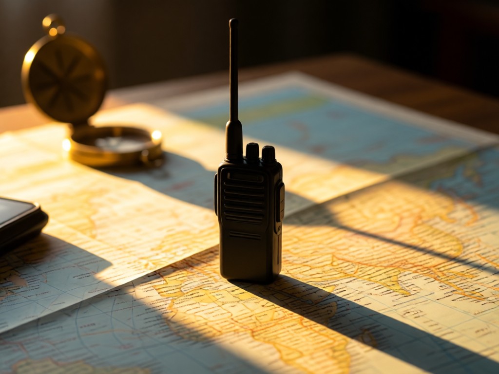 A single walkie-talkie centered on a map-covered desk at golden hour. Sunlight highlights its antenna while casting long shadows. Blurred compass in background. Represents clear communication and readiness. No people.
