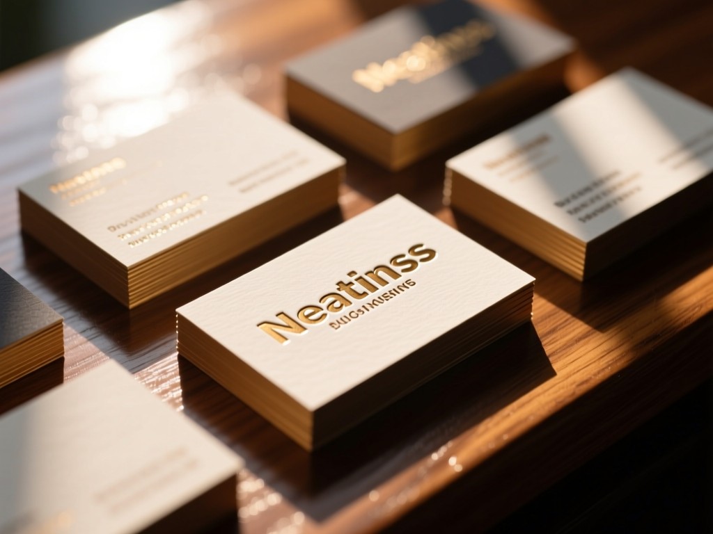 Neatly arranged business cards on polished wood. Sunlight reflecting off embossed lettering. Shallow depth of field. No people.