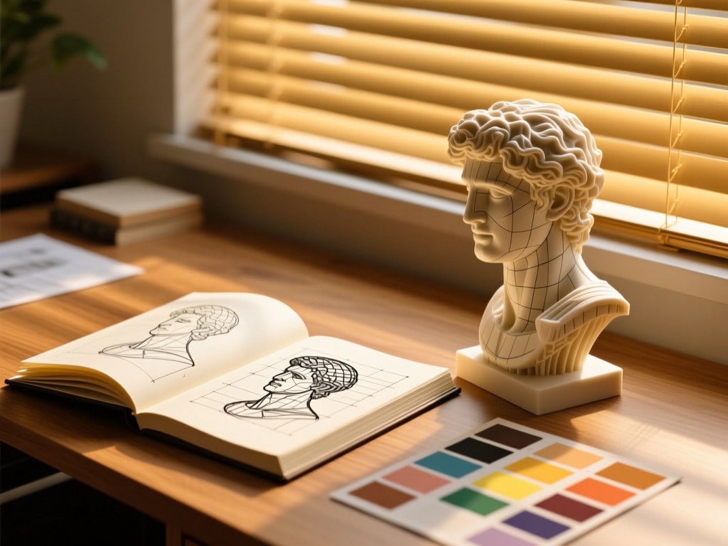 An open sketchbook beside a 3D-printed sculpture on a wooden desk, golden light streaming through blinds, showing wireframe diagrams and color swatches, no visible text.