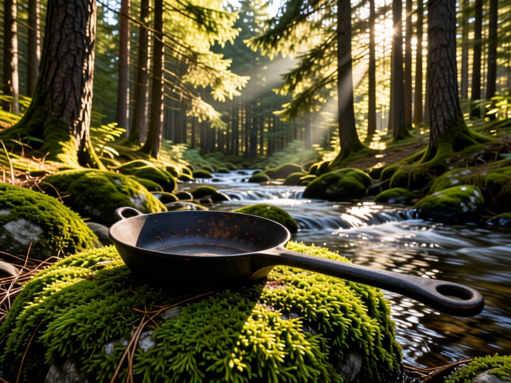 A single traditional krumkake iron resting on moss-covered rocks near a forest stream. Sunlight filters through pine trees creating dappled light. Symbolizes tradition meeting nature. No people.