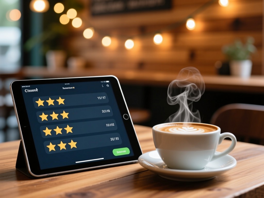 A tablet displaying five-star reviews beside a steaming latte cup. Natural wood background with bokeh string lights. Cozy café ambiance.