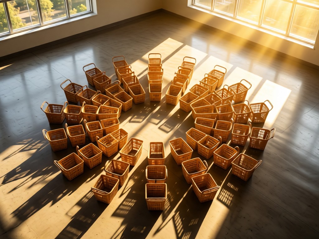 Overhead shot of shopping baskets forming a sunburst pattern on polished concrete floor. Golden light streams from high windows. Symbolizes organized bargain hunting. No people.