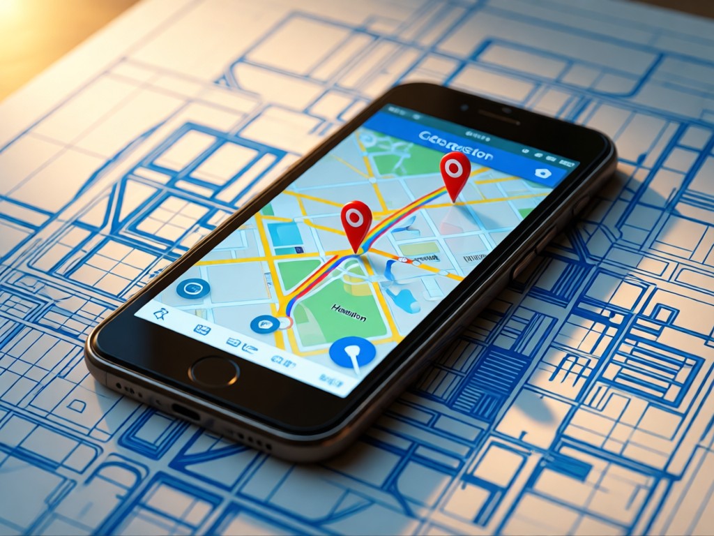 A close-up of a smartphone showing Google Maps with Houston pins. The phone rests on a blueprint of downtown Houston. Soft morning light creates warm highlights.