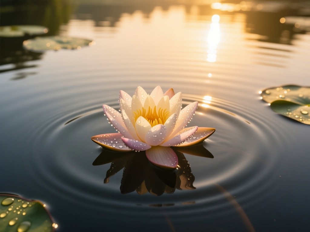 Aerial view of a single lotus flower floating on a still pond at sunrise. Golden light reflects on water ripples. Dew droplets on petals. Symbolizes clarity, growth, and centered presence. No people.