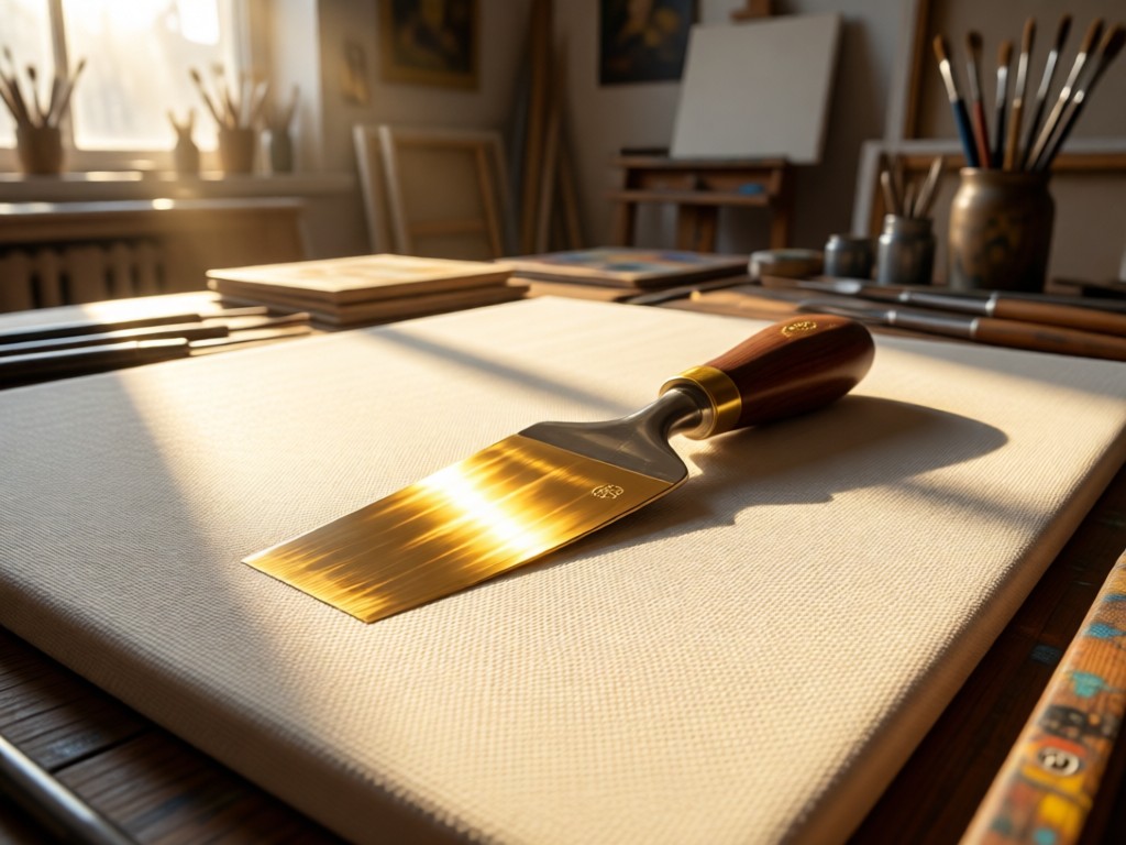 A single artist's palette knife resting on a stretched canvas in a sunlit studio. The blade catches golden light, symbolizing precision tools for creative control. No people.