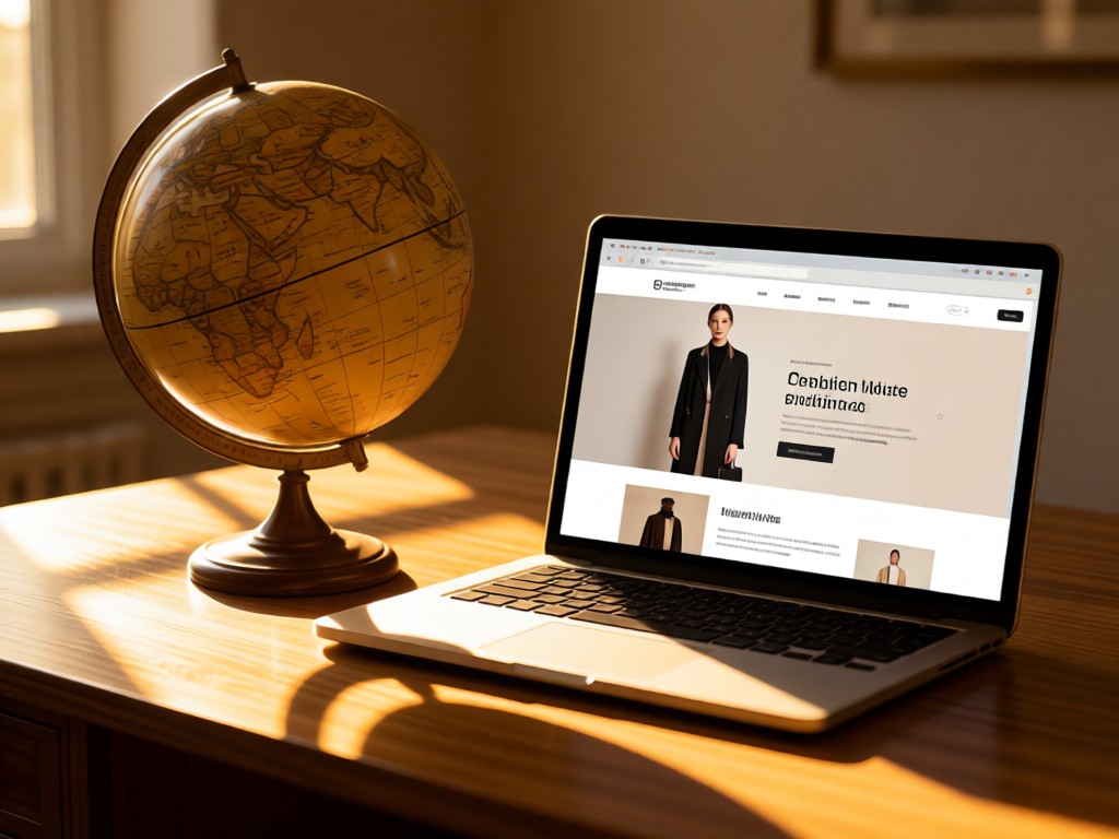 A vintage globe beside an open laptop showing a minimalist fashion website interface. Golden hour light casts long shadows across a desk. No people.