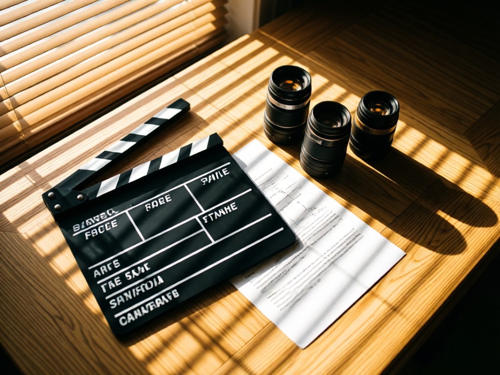 Overhead shot of a director's clapperboard on a script beside vintage camera lenses. Morning light streams through window blinds, creating striped shadows on wood grain. No people.