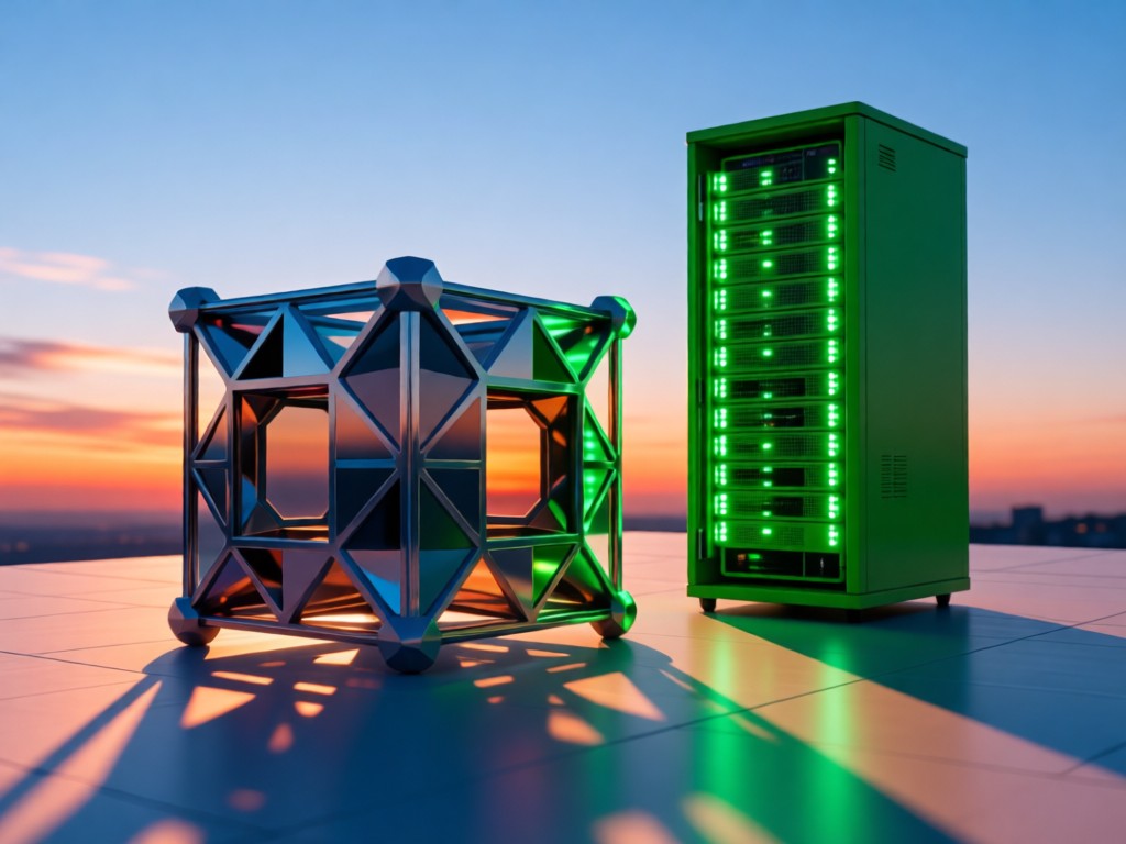 A geometric Borg cube model beside a vibrant green server rack LED glow. Soft shadows stretch across a clean tech surface at sunset. Cool and warm light contrast. No people.