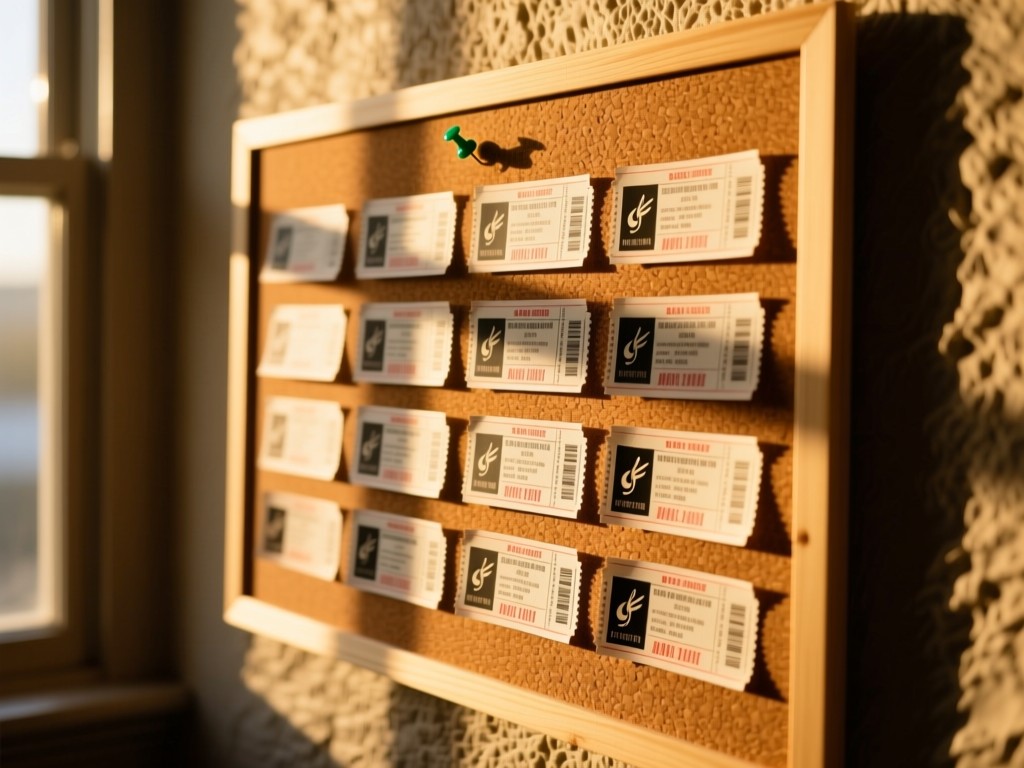 Neatly arranged concert tickets on a cork board with a single pushpin. Golden hour light streams through nearby window onto textured wall.