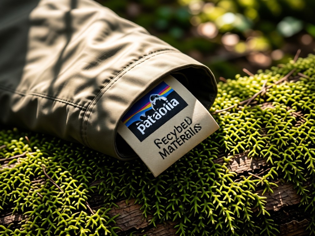 A close-up of a Patagonia 'Recycled Materials' tag on a jacket sleeve, resting on moss-covered bark. Dappled forest light creates texture. No people.