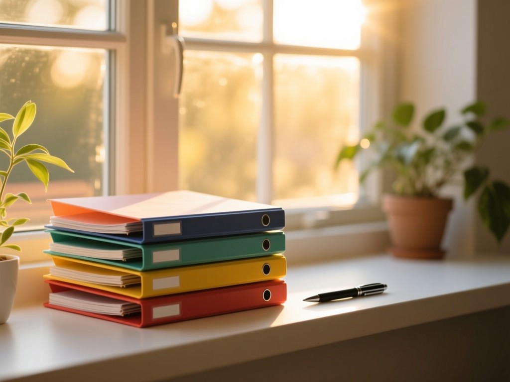 Neatly stacked color-coded folders and a pen on a sunlit windowsill, golden hour glow through glass, soft focus background with plants, minimalist organization scene.