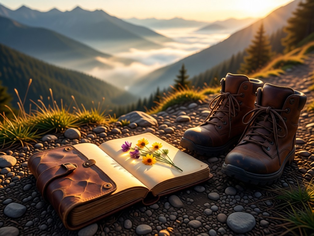 A weathered leather journal open beside hiking boots on a mountain trail. Golden light illuminates pressed flowers on pages. Misty valley in background. No people.