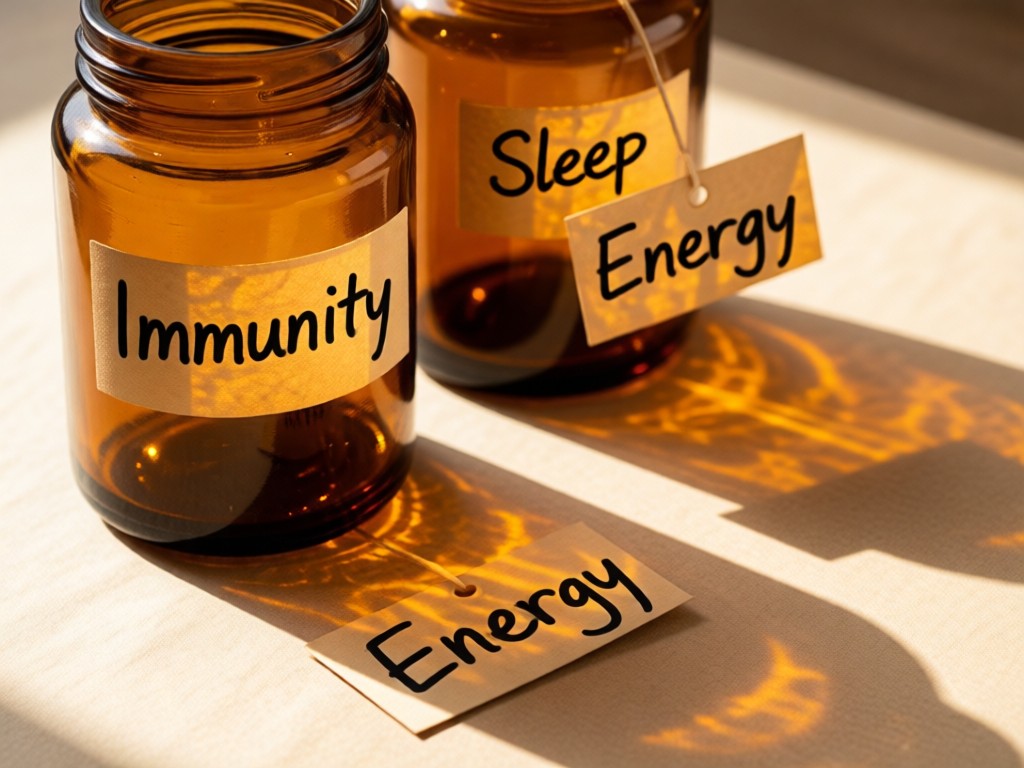 Close-up of handwritten tags on amber glass jars. Tags read 'Immunity', 'Sleep', 'Energy'. Soft shadows on textured paper. Warm natural lighting. No people.