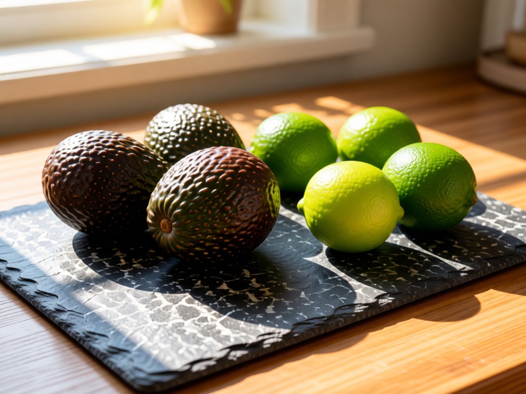 A neatly arranged display of Publix produce items (avocados, limes) on a textured slate board. Morning light highlights vibrant colors. No packaging labels visible. No people.