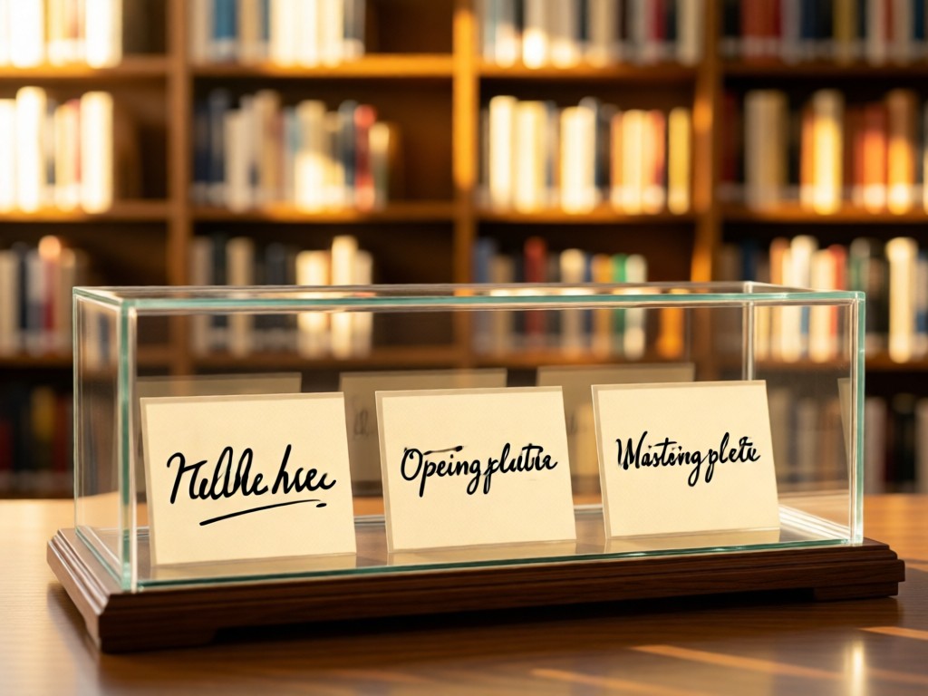 A clean glass display case showing three distinct handwritten cards with different opening lines. Soft focus background of bookshelves in golden hour light. No people.