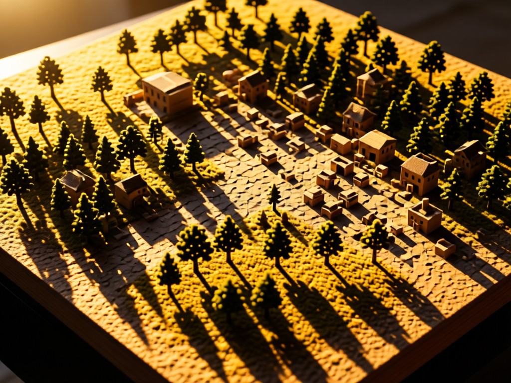 Aerial view of a complex diorama with miniature trees and buildings on a textured base. Golden hour light creates dramatic shadows across the tiny landscape. Symbolizes creativity in a contained space. No people.