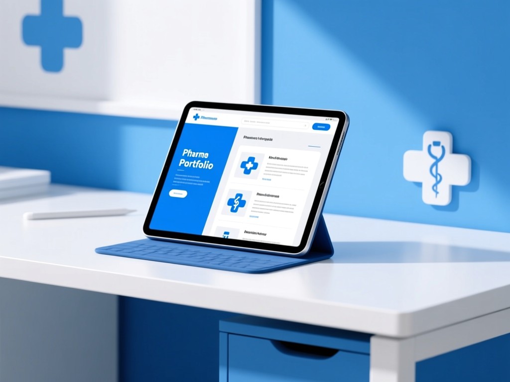 A minimalist desk setup featuring a blue-and-white color scheme. A tablet shows a pharmacy portfolio template. Clean lines, medical symbols subtly incorporated. No people.