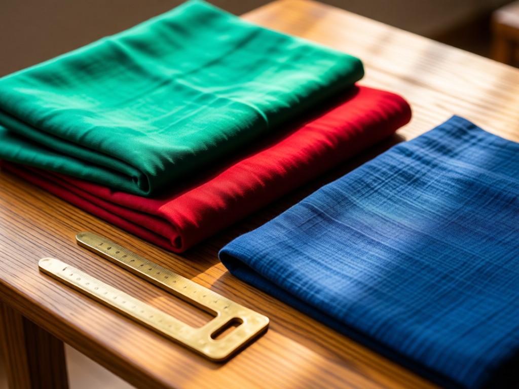 Flat lay of vibrant Pakistani fabrics - emerald silk, crimson cotton, and indigo linen - neatly folded beside brass measuring tools on a sunlit wooden table. Soft focus on textile textures.