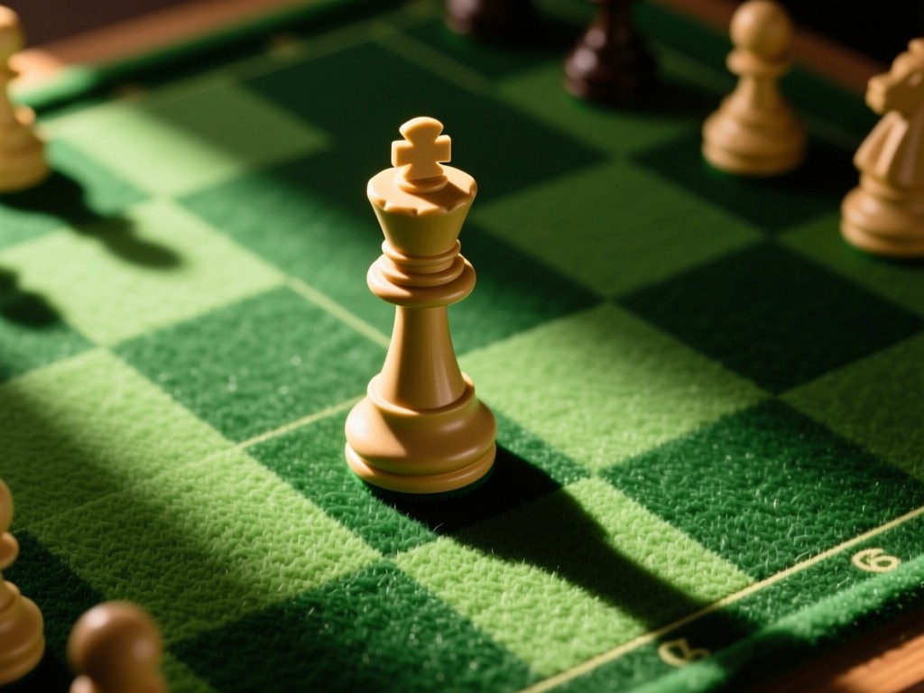 Aerial view of a single, perfect chess king piece centered on a green felt board. Warm directional lighting creates dramatic shadows. Represents strategic hiring advantage. No people.