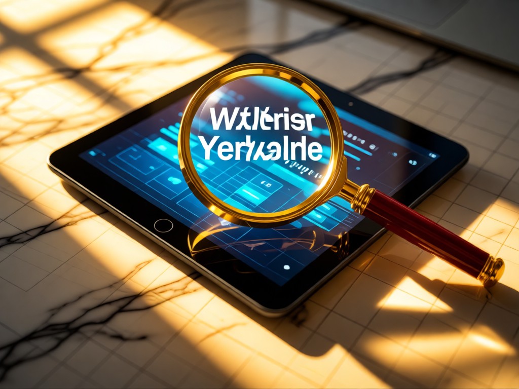 A magnifying glass focusing on a digital tablet showing trending keywords. Golden hour light creates long shadows across a marble desk surface with subtle graph-paper textures.