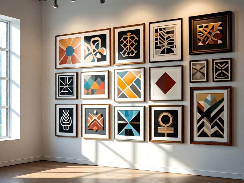 A clean gallery wall displaying framed design projects in various styles and media. Soft natural light highlights textures and colors. No people.