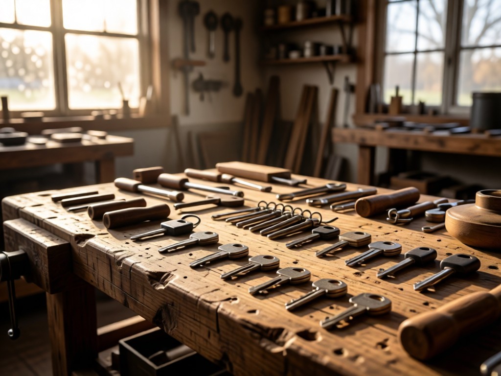 Neatly arranged tractor keys on a weathered wooden workbench. Soft morning light through workshop windows. Focus on tools and organization. No people.