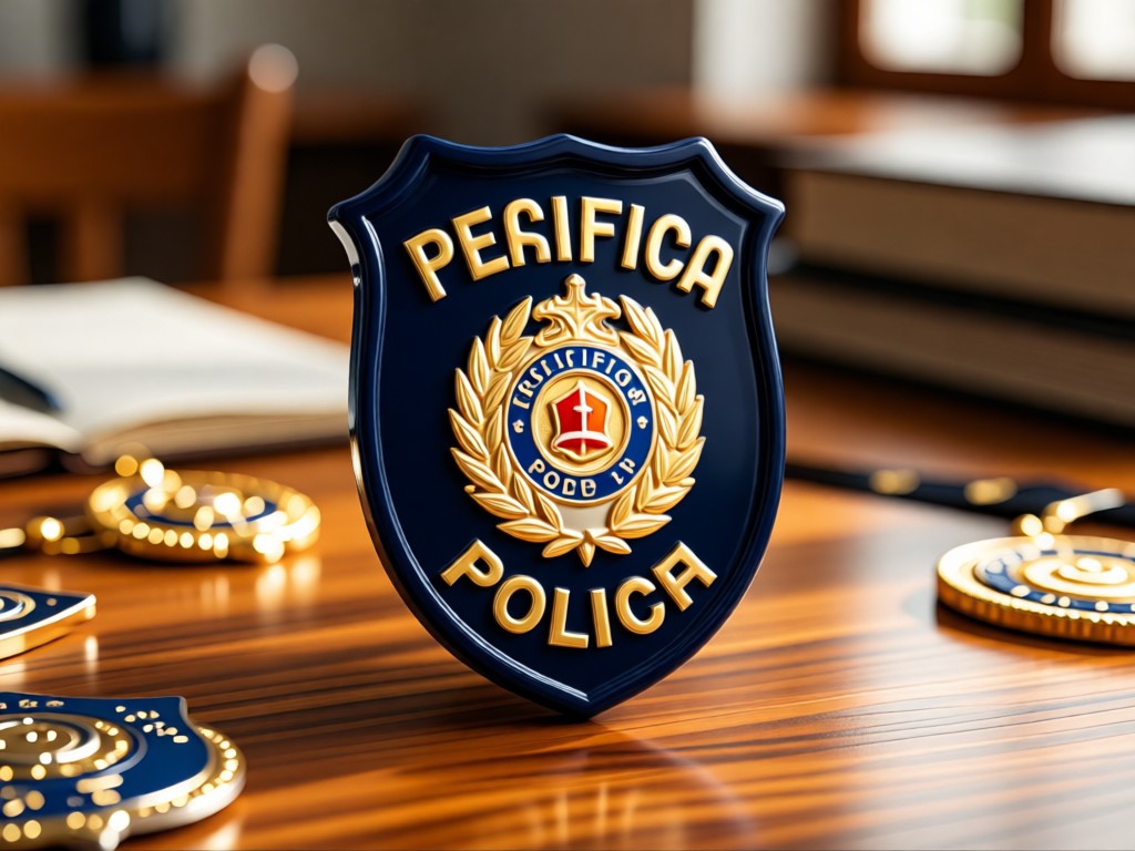 Close-up of ISO certification and police badge on wooden desk. Warm natural light creates professional mood. No people.