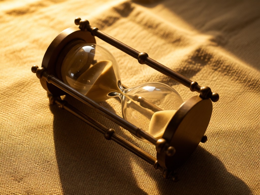 Overhead shot of vintage hourglass on textured fabric, sand flowing between chambers. Soft golden lighting. Symbolizes progression and rhythm. No people.
