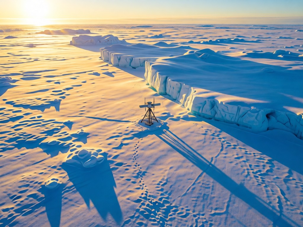 An aerial view of a pristine arctic landscape with a single scientific sensor standing in snow. Golden sunlight creates long blue shadows on ice. Symbolizes data clarity in critical environments. No people.