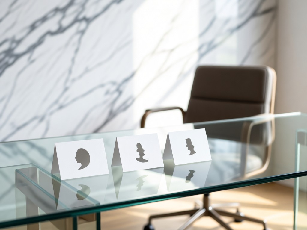An elegant glass desk displaying three minimalist profile cards against a marble backdrop. Soft focus on a modern chair in the background. Natural light emphasizes clean organization.