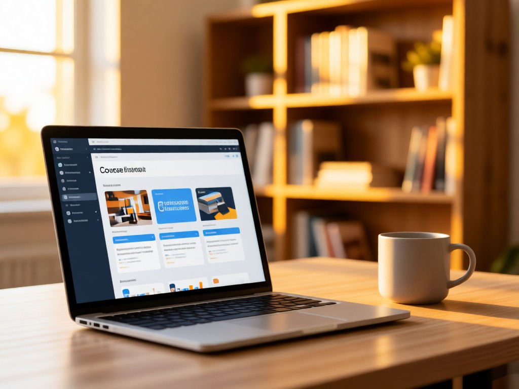 A clean desk with an open laptop showing course modules next to a minimalist coffee mug. Soft focus on a bookshelf in golden hour background. No people.