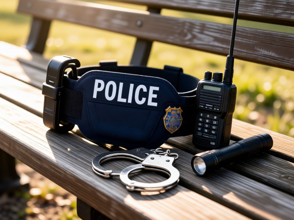 A neatly arranged police duty belt on a bench with handcuffs, radio, and flashlight. Soft morning light creates clean highlights and textures. Focus on professionalism and readiness. No people.