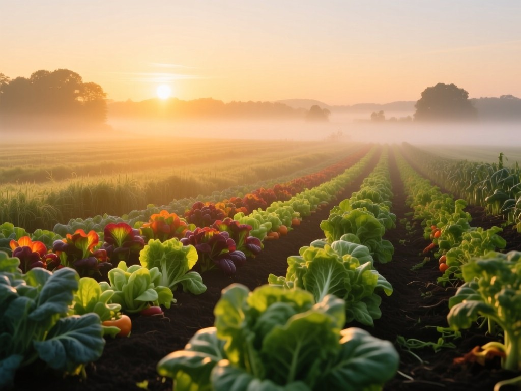 Sunrise over misty farmland with rows of vibrant vegetables, golden light highlighting growth and discovery, shallow focus on foreground produce, natural color palette.