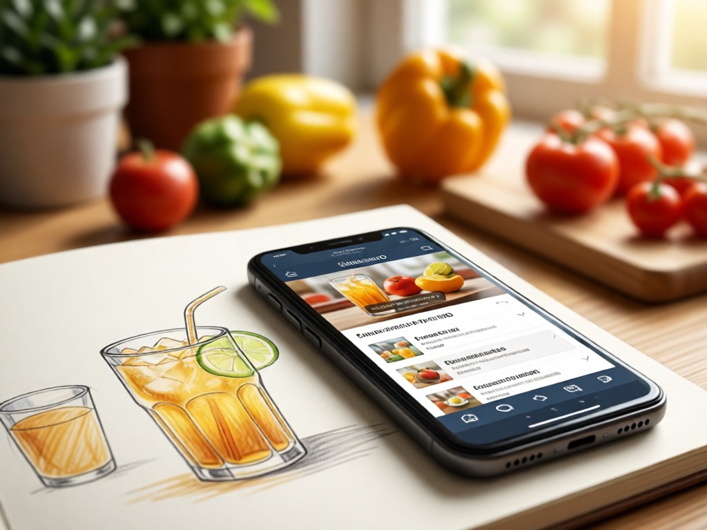 Smartphone displaying a clean link-in-bio page beside a notebook with beverage sketches. Soft focus on background ingredients. Warm daylight. No people.