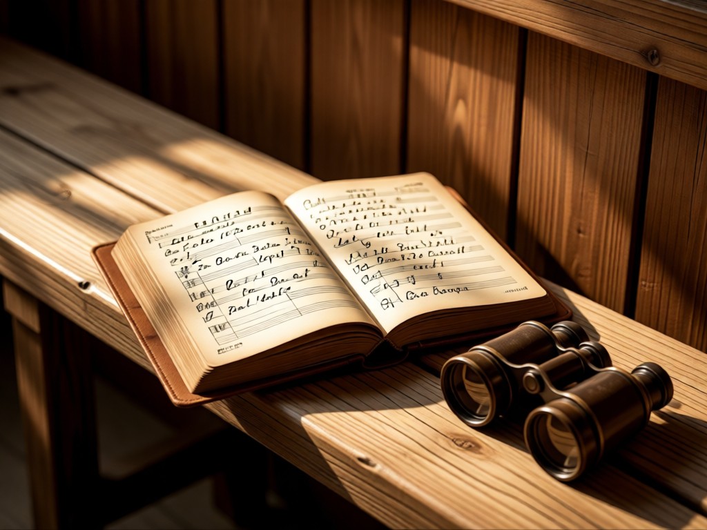 An open leather-bound scorebook with handwritten polo stats beside vintage binoculars. Warm light streams onto a wooden stable bench. Soft grain texture. No people.