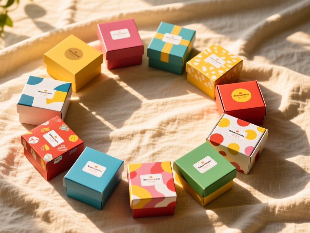 Aerial view of colorful subscription boxes arranged in a circle on light linen. Soft shadows, golden hour glow highlighting different packaging designs. No people.