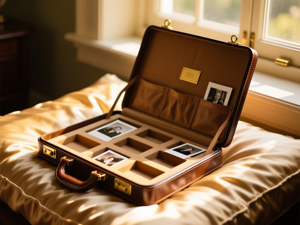 An open leather portfolio case on a silk cushion, empty slots awaiting photos, golden sunlight streaming through adjacent window, shallow depth of field, warm tones.
