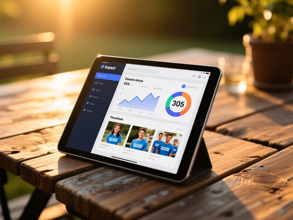 A tablet displaying a clean impact dashboard on a reclaimed wood table during golden hour, sunlight highlighting donation stats and volunteer photos, shallow depth of field, warm tones, no people.