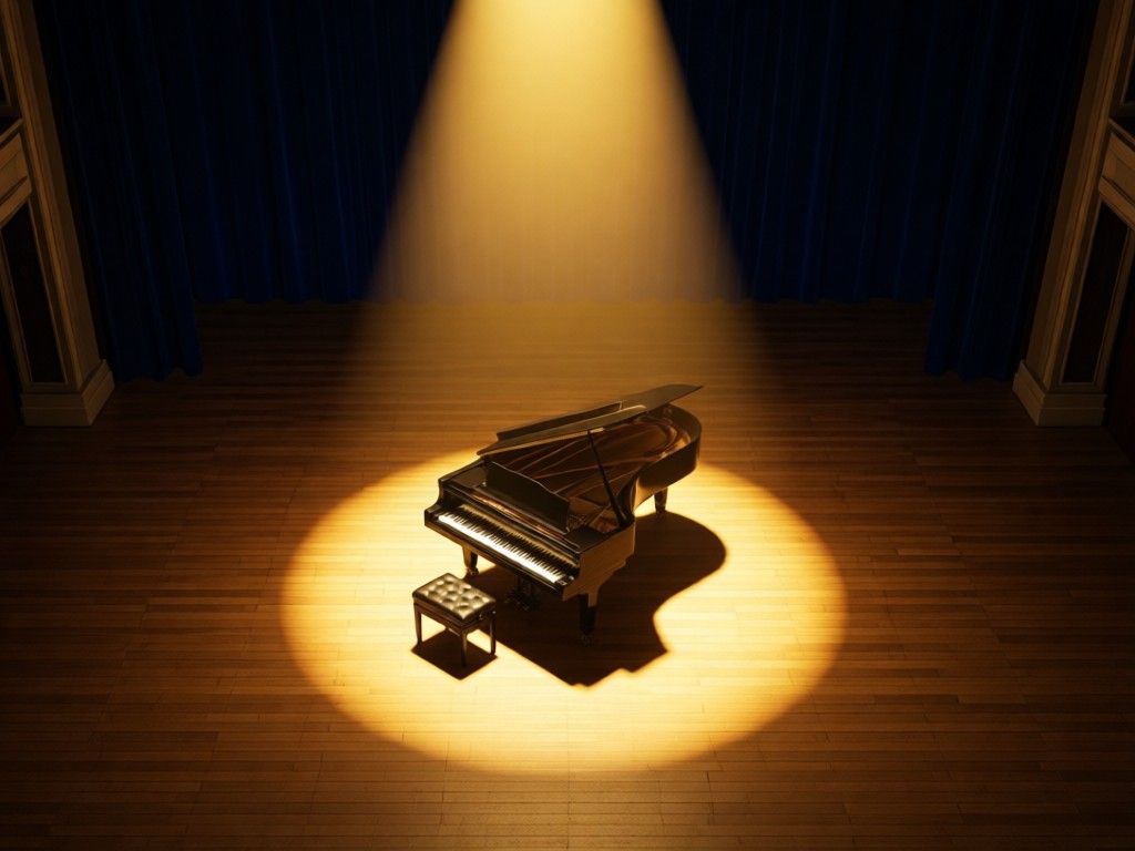 Aerial view of a single grand piano on an empty stage, illuminated by a dramatic spotlight. Warm golden tones with deep shadows in the background, symbolizing focus and artistic presence. No people.