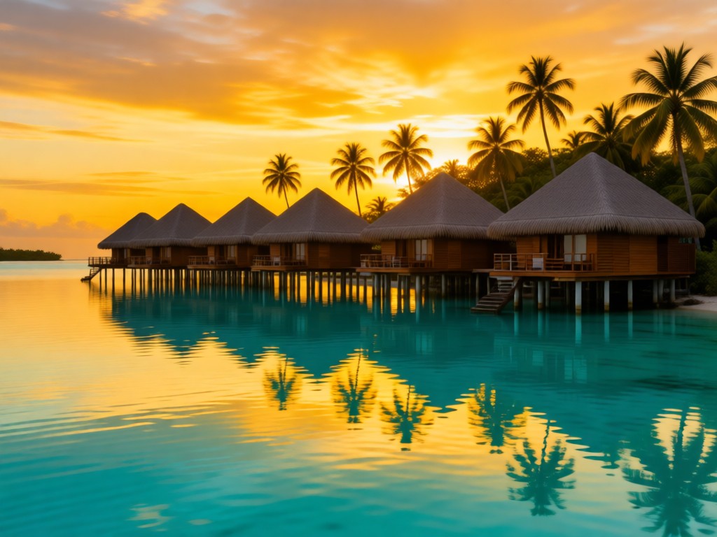 Serene cayes (small islands) in Belize with overwater bungalows on stilts. Turquoise lagoon reflects palm trees under golden sunset sky. The scene embodies focused tropical paradise. No people.