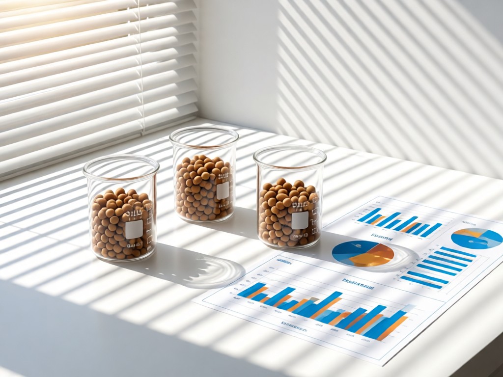 Clean lab setup with pet food samples in glass beakers beside infographic charts. Natural light streams through blinds, casting linear shadows on a minimalist white surface. Scientific yet approachable vibe. No people.