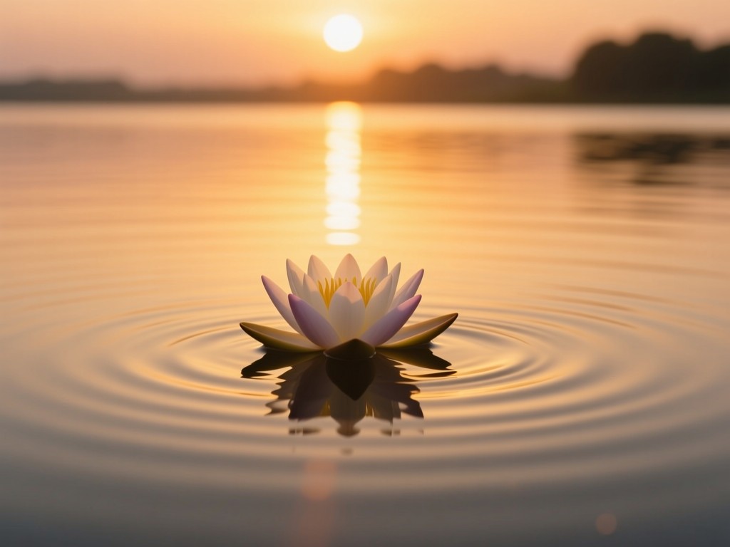 A single lotus flower floating on still water at sunset, golden light reflecting on the surface, symbolizing spiritual unfolding, soft ripples radiating outward, warm color palette, minimalist composition.