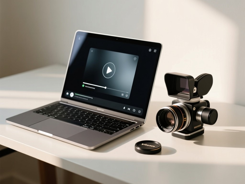 A minimalist desk with an open laptop displaying a sleek video player interface. Beside it, a director's viewfinder and vintage lens cap arranged artistically. Soft natural lighting. No people.