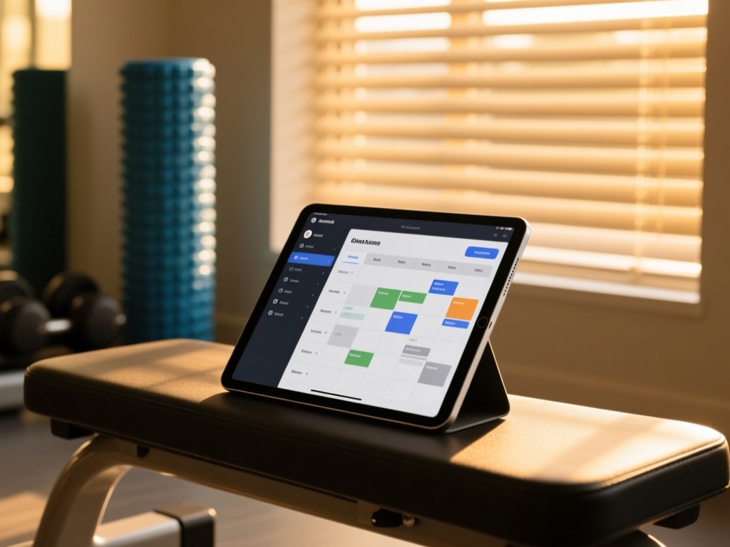 A modern tablet on a gym bench during golden hour, screen displaying a clean class schedule interface, sunlight filtering through window blinds, foam roller in background, warm natural lighting, minimalist composition.